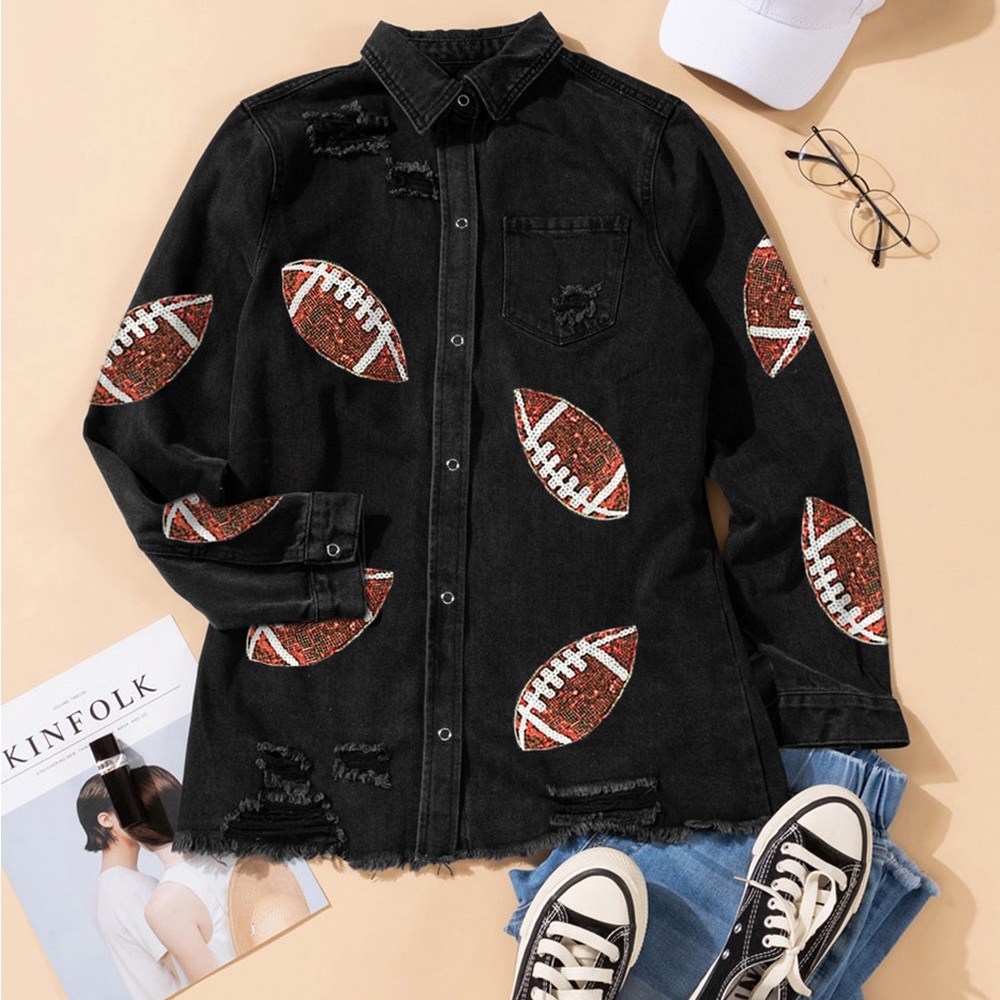 Sequin Football Patch Snap Down Distressed Jacket - image 2